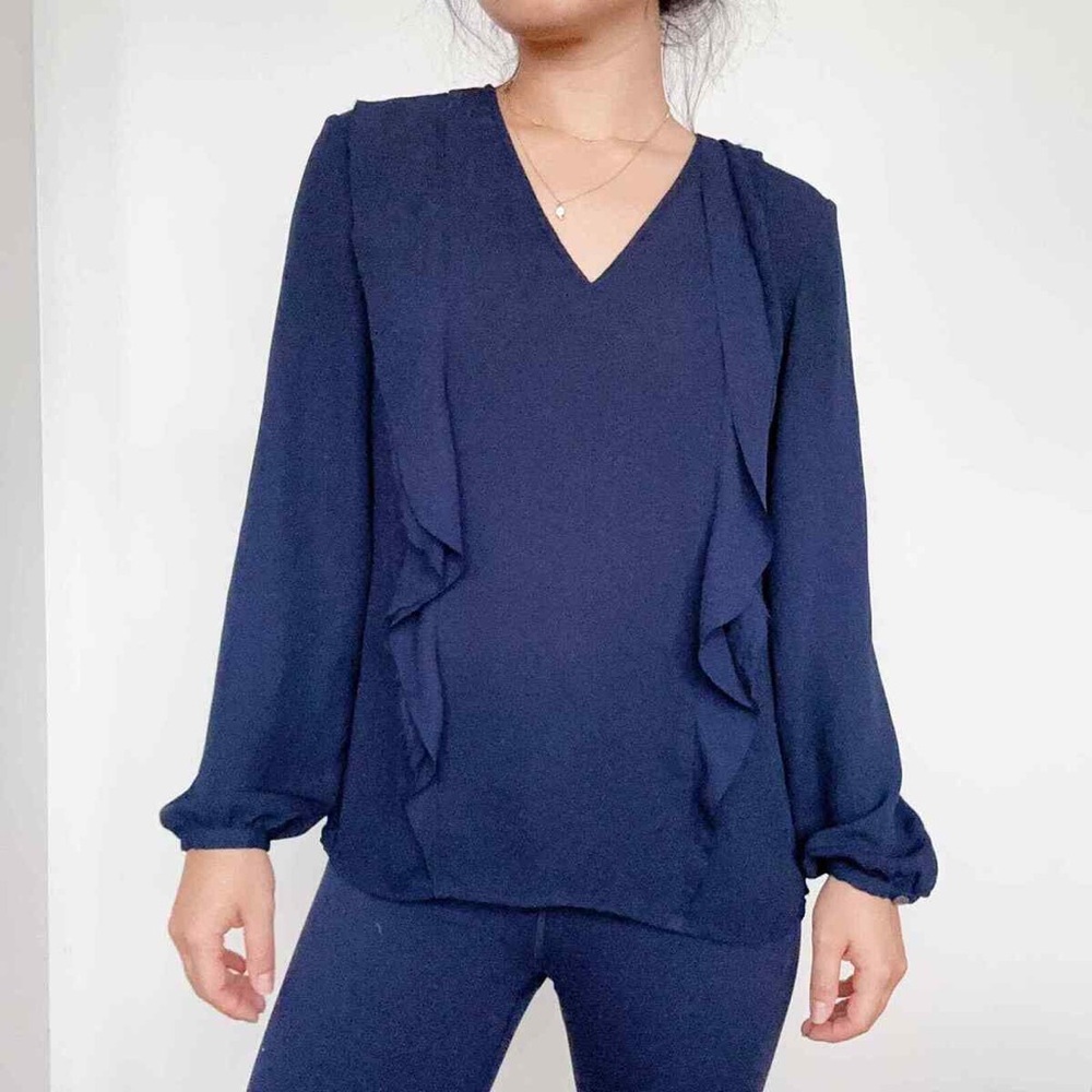 Banana Republic-Navy blue Ruffled Long-Sleeve Blouse Size‎ M